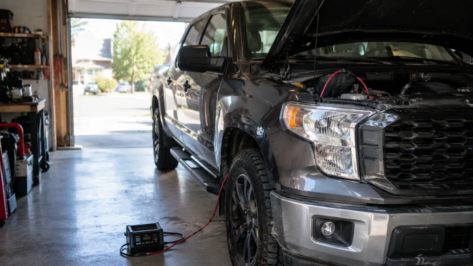 A pickup truck parked in a garage with a charger cord running from the engine bay