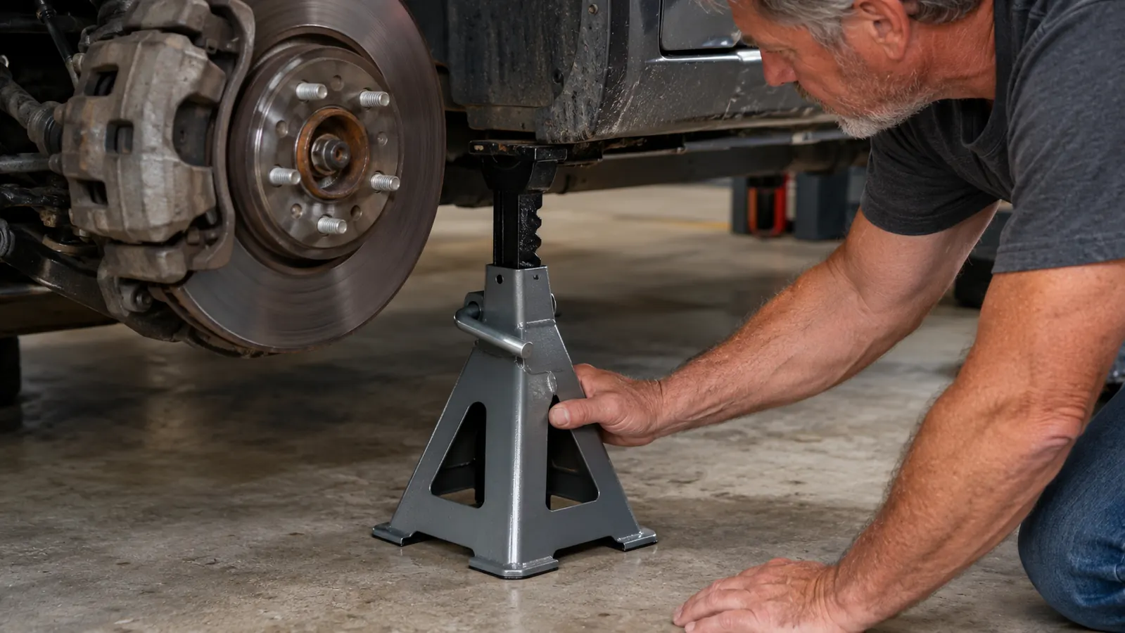 A steel jack stand supporting a car with one wheel removed, brake rotor visible