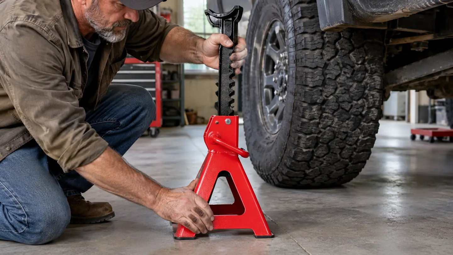 A hand adjusting the ratchet bar on a steel jack stand beside a truck tire