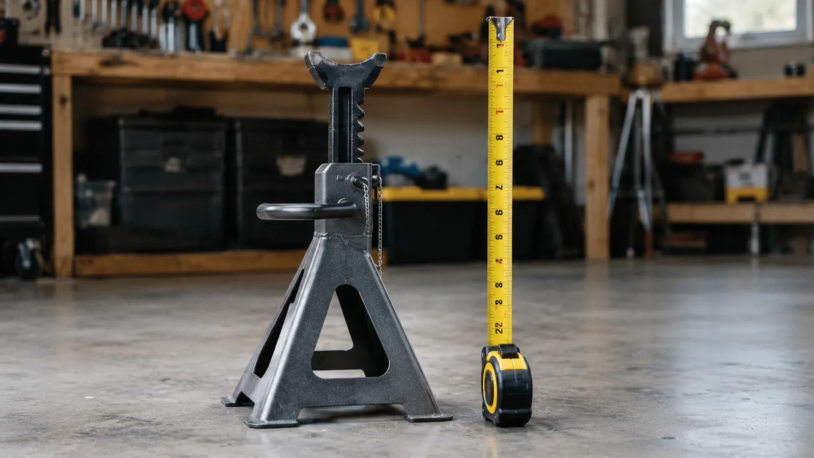 A steel jack stand on a concrete garage floor with a tape measure beside it