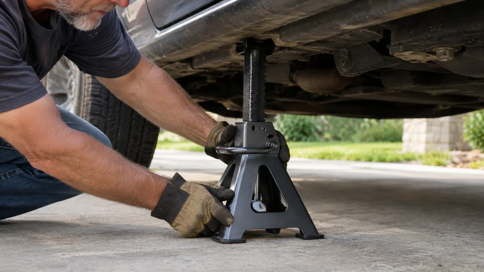 Hands in work gloves lowering a steel jack stand under the frame of a car on a driveway