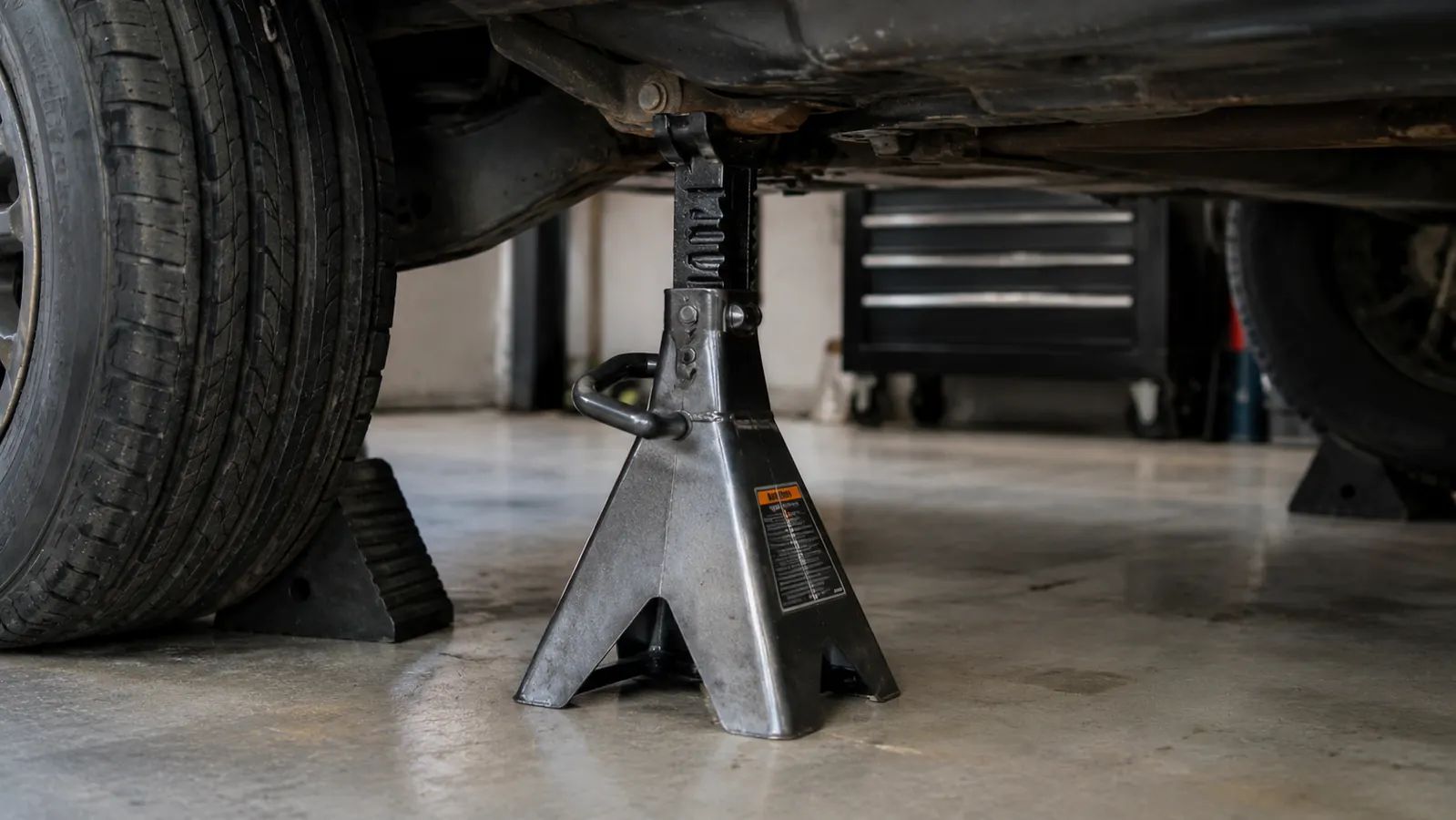 A steel jack stand supporting a car on a flat concrete garage floor, wheel chocks behind the rear tires