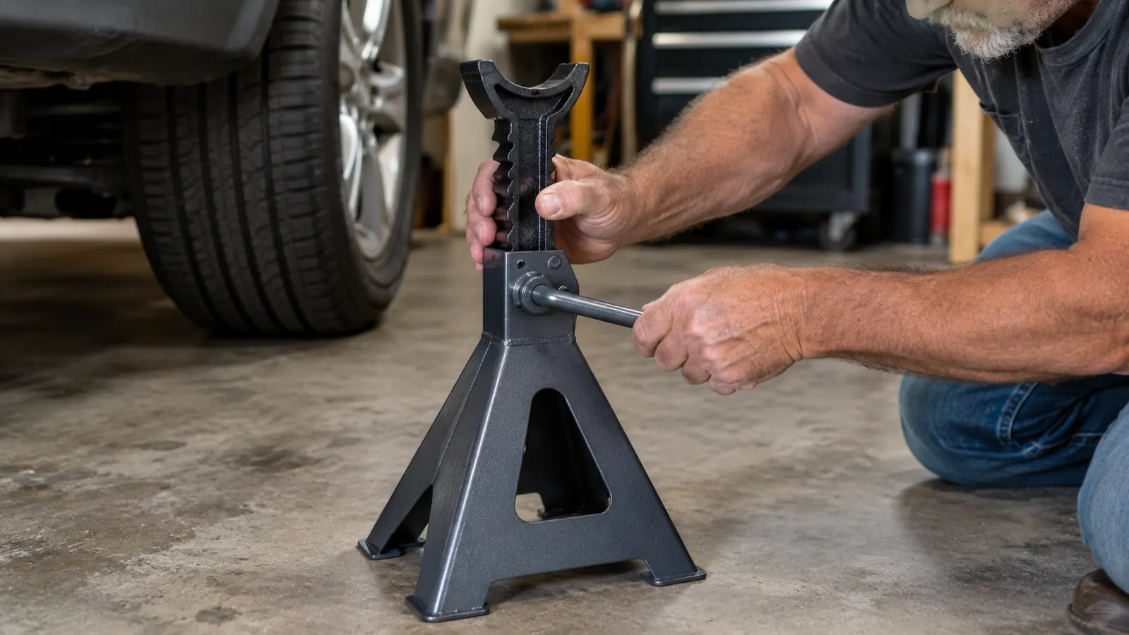 Hand adjusting the ratchet bar on a steel jack stand beside a car