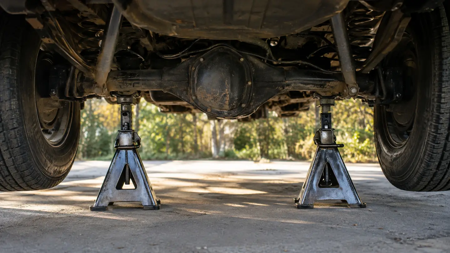 Two steel jack stands supporting the rear axle of a car on a concrete driveway